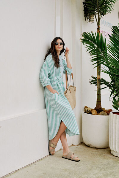 Crinkle Midi Dress, GRASS GREEN WHITE STRIPE