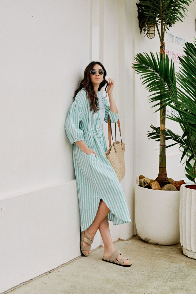 Crinkle Midi Dress, GRASS GREEN WHITE STRIPE