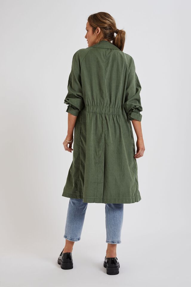 Lightweight Trench In Rescued Fabric, SOFT OLIVE