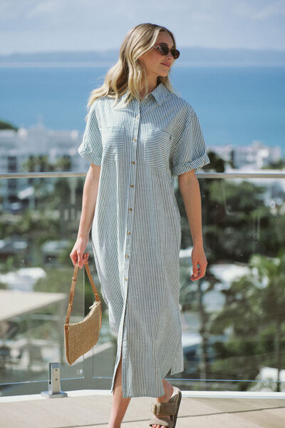 Rolled Cuff Midi Shirt Dress, WINTER GREEN BRIGHT WHITE STRIPE
