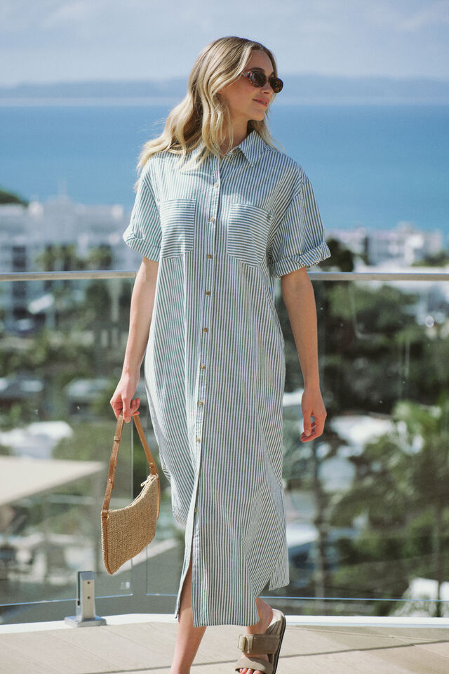Rolled Cuff Midi Shirt Dress, WINTER GREEN BRIGHT WHITE STRIPE