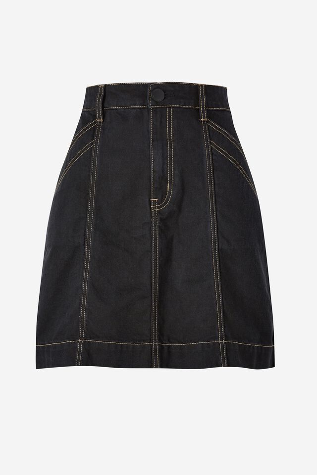 A-Line Skirt With Seam In Cotton Lyocell Blend, BLACK