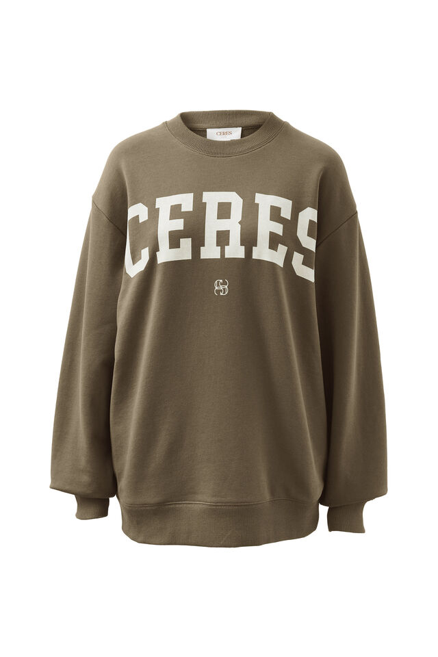Isla Oversized Slouchy Crew, KHAKI HERITAGE LOGO