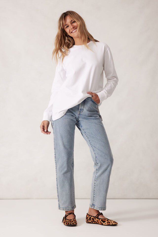 Longline Long Sleeve Cuff Tee, WHITE/WHITE MONOGRAM EMBROIDERY