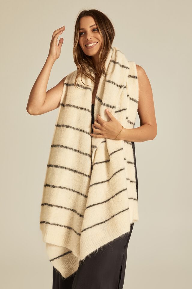 Oversized Knit Scarf In Alpaca Wool Blend, CREAM CHARCOAL STRIPE