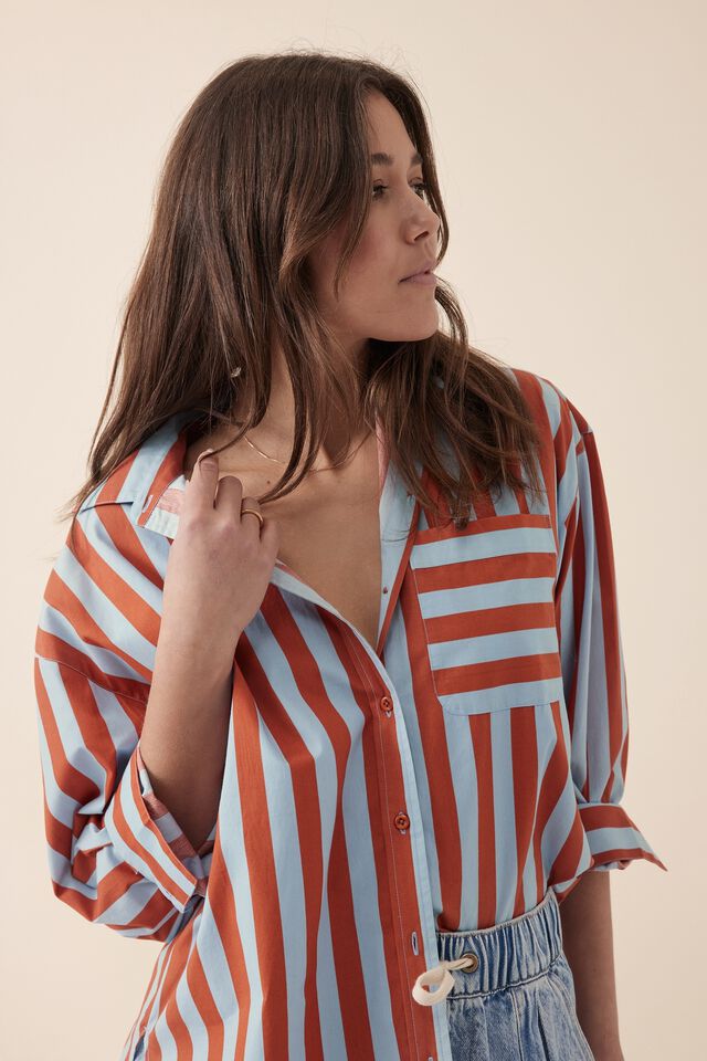Oversized Poplin Shirt, DUSTY SKY/RUST STRIPE