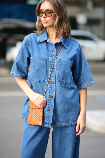 Short Sleeve Denim Shirt, MID INDIGO