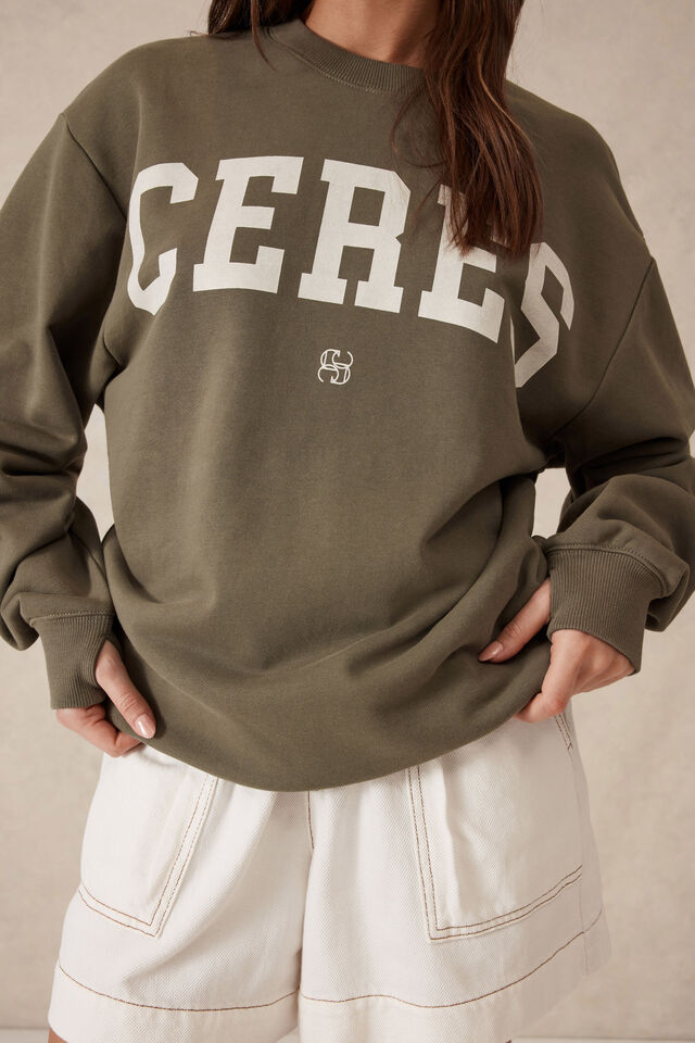 Isla Oversized Slouchy Crew, KHAKI HERITAGE LOGO
