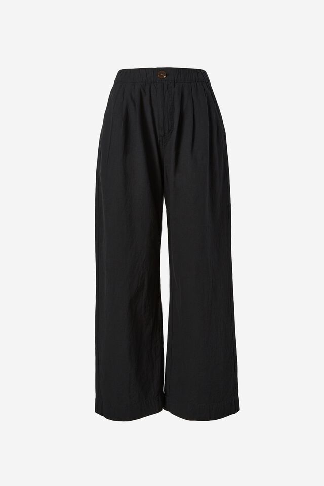 Wide Leg Pleat Front Pant In Cotton Linen Blend, BLACK