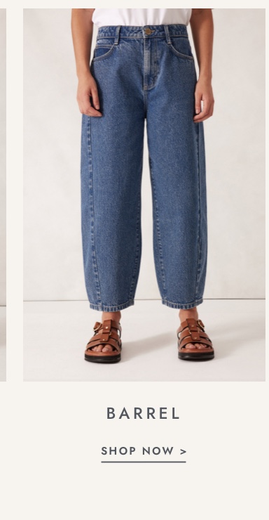 Shop barrel leg jeans. Click to shop.