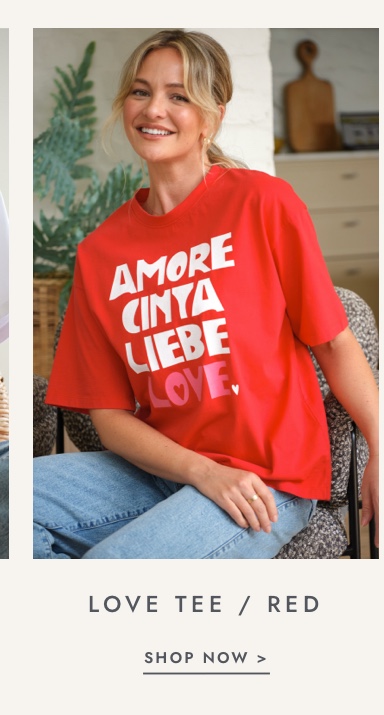 Shop red love tee. Click to shop.