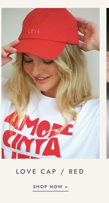 Shop red love cap. Click to shop.