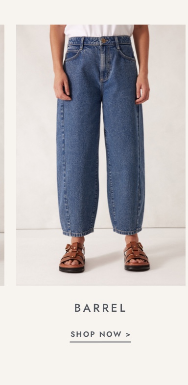 Shop barrel leg jeans. Click to shop.