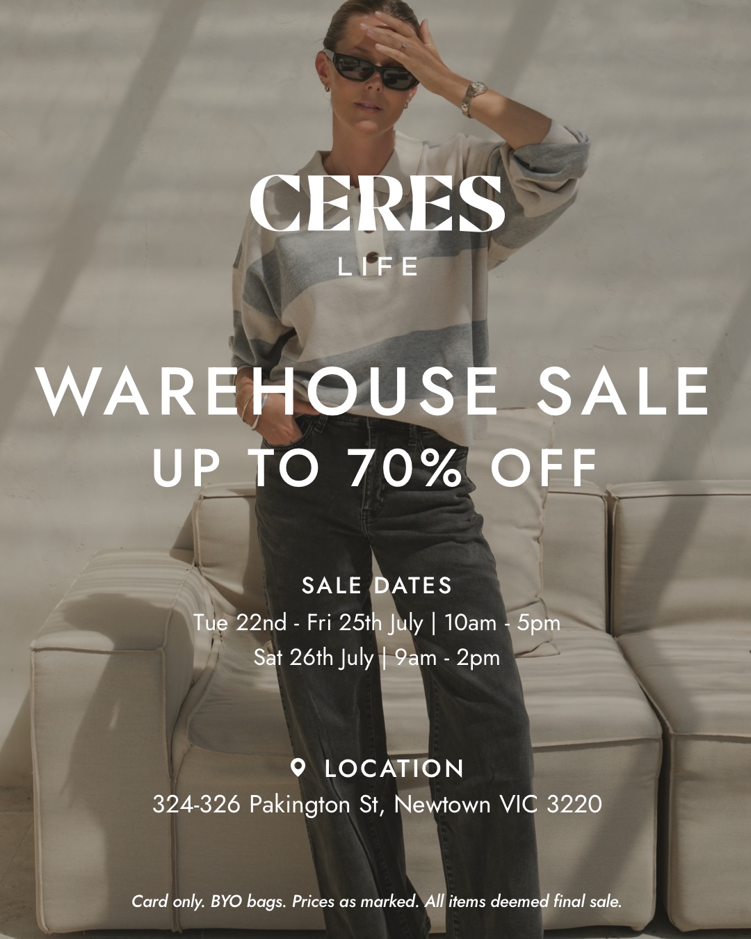 Our warehouse sale starts Tuesday 22nd of Jule and ends Saturday 26th July, location 324-326 Pakington St, Newtown, Geelong.